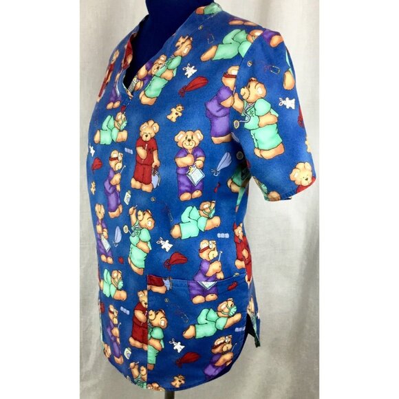 Apple Life Tops - Apple Life Scrub Top Womens M Blue Bear Dr Nurse Print Medical Uniform Shirt VTG